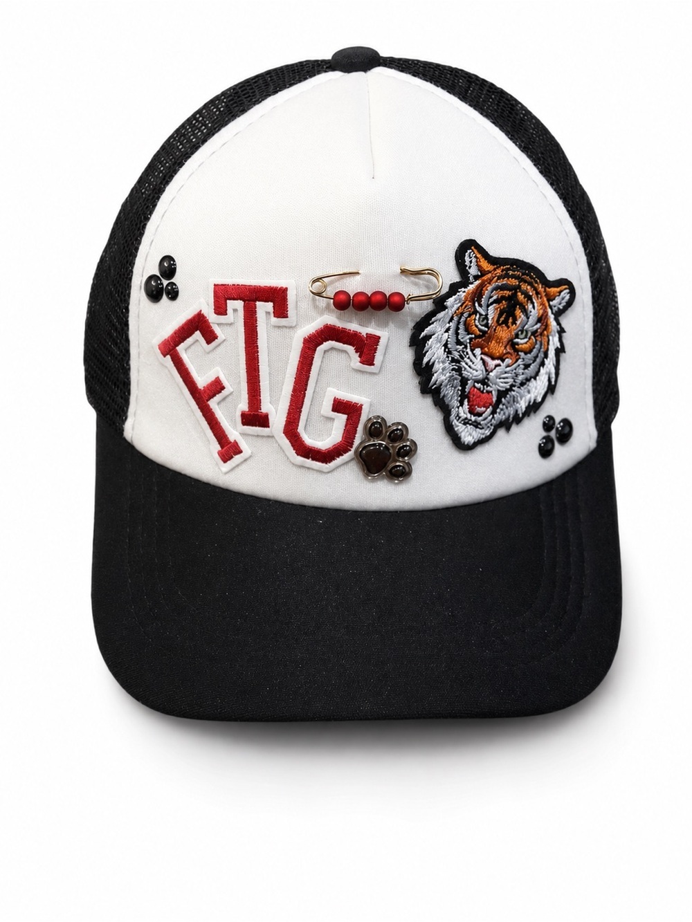 Hand Crafted Black and White Hat with Red Lettering and Tiger Patch